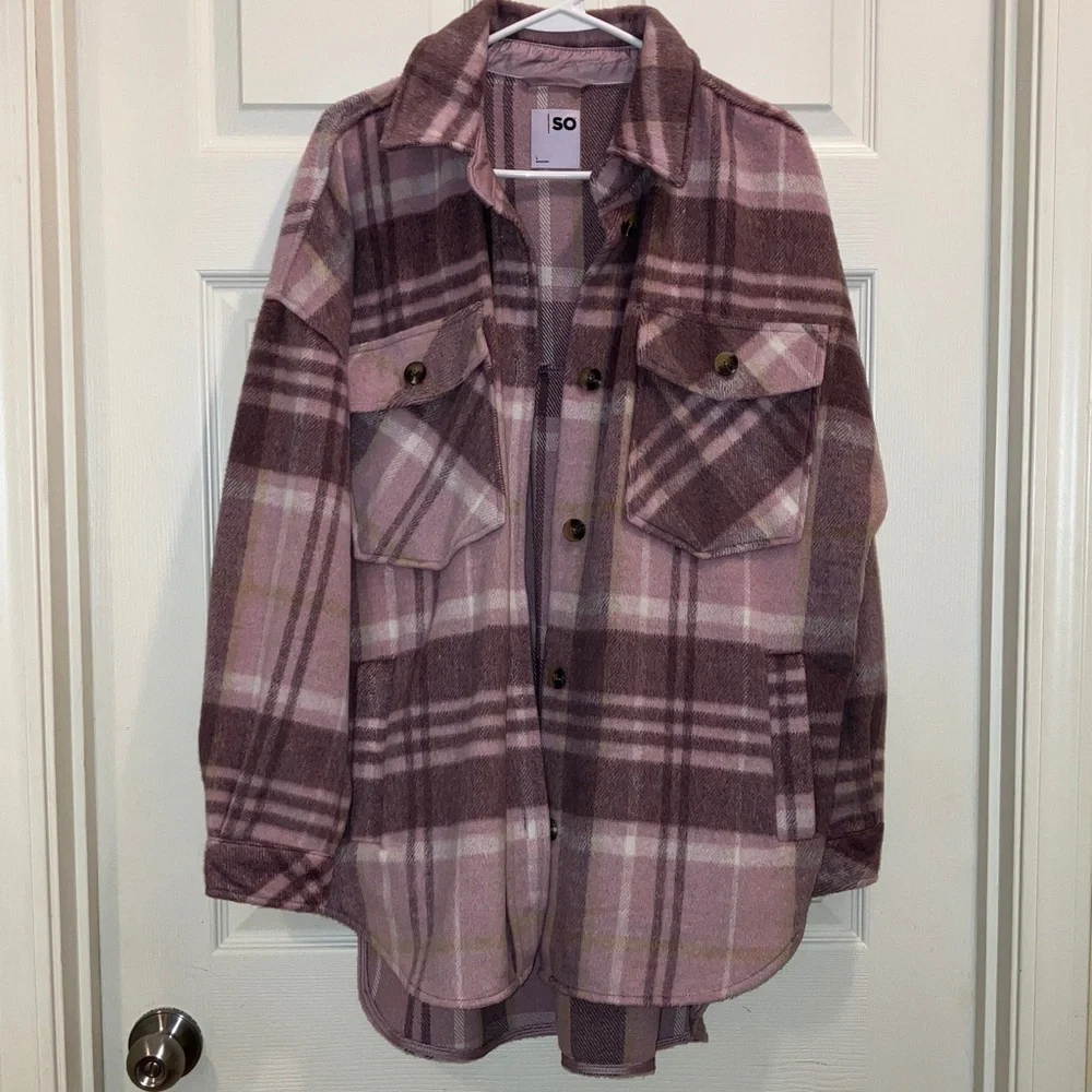 SO Plaid Shacket Jacket Women Pink Mauve Cream Longline Button Front L Oversized - Picture 1 of 4